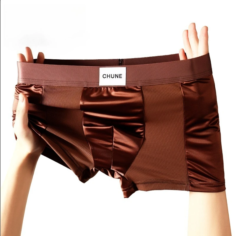 Mens Boxers Luxury Ice Silk Satin-like High Elasticity Breathable Panties Solid Color Mid Waist Large SIze Seamless Underpants