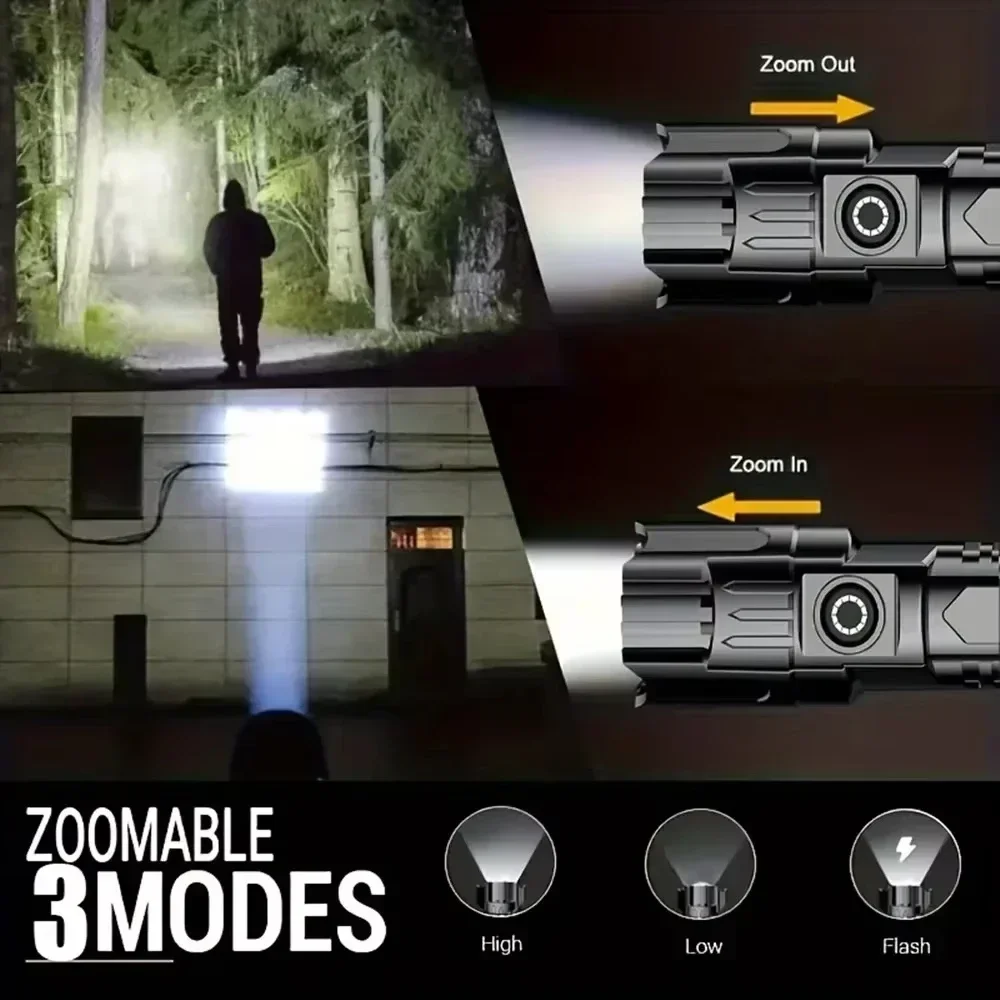High Strong Power Led Flashlights EDC Tactical Zoomable Torch 3 Modes USB-C Rechargeable Work Fishing Emergency Defense Lantern