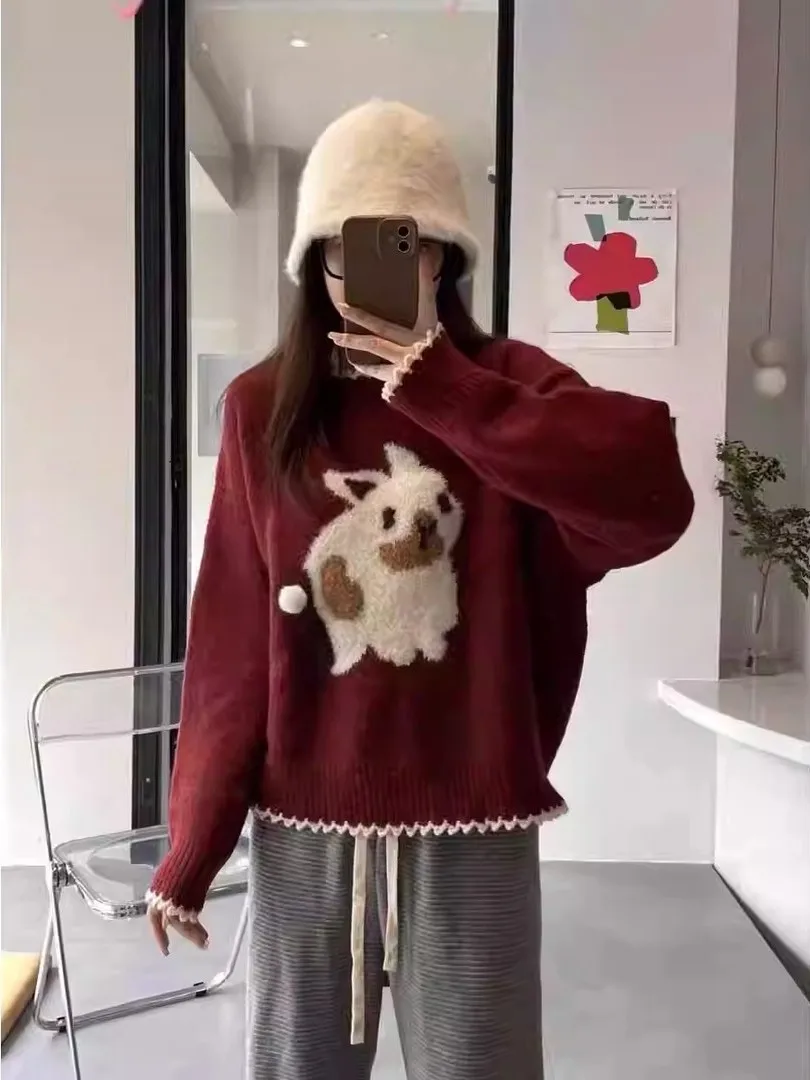 

Очень большой мягкий свитер с мультяшным кроликом, круглый вырез, красный, ранневесенний трикотаж, женский и мужской, модный