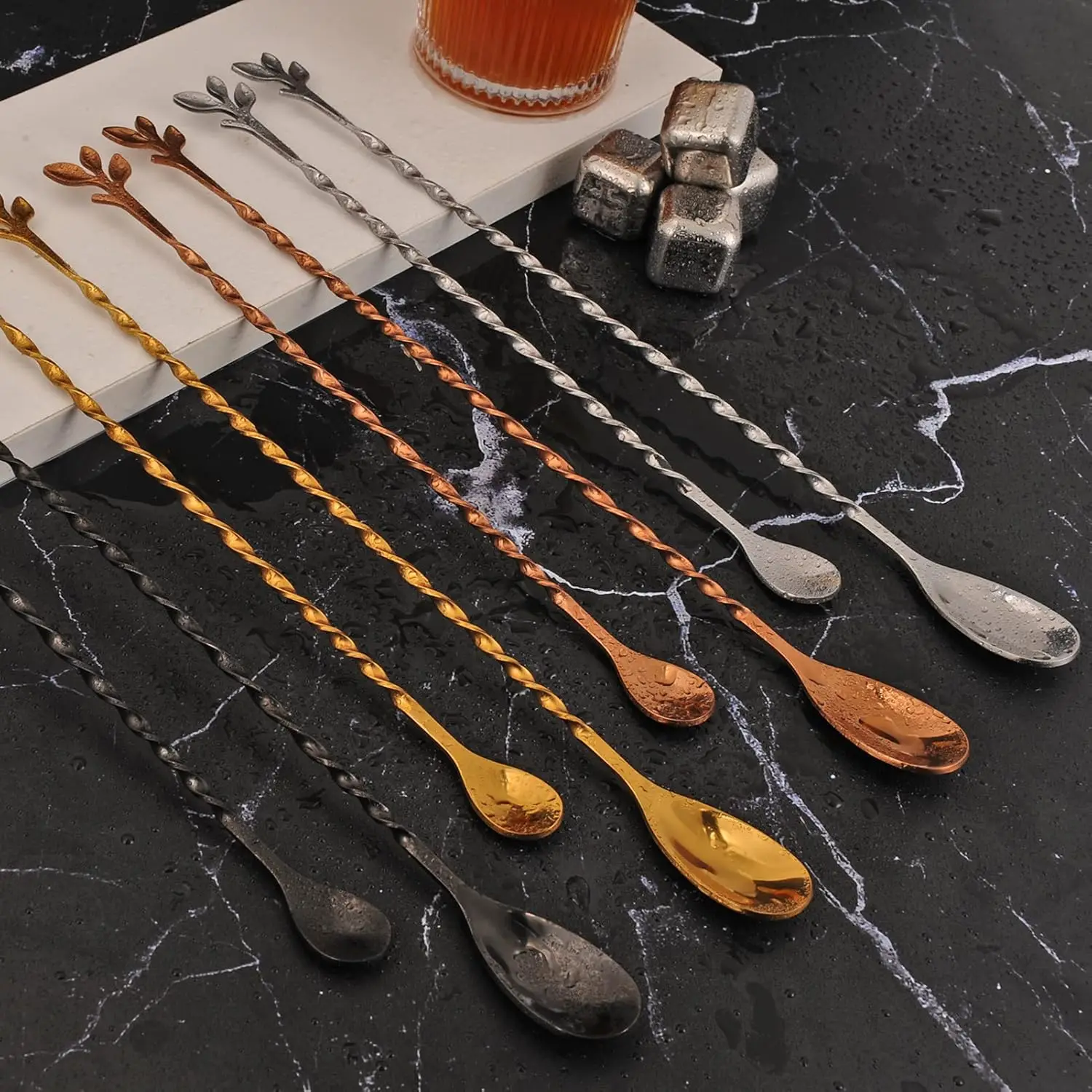 ช้อนค็อกเทลสแตนเลสขนาด 10 นิ้วพร้อมด้ามจับรูปใบไม้ - เหมาะสำหรับผสมเครื่องดื่มในแก้วทรงสูงและเชคเกอร์