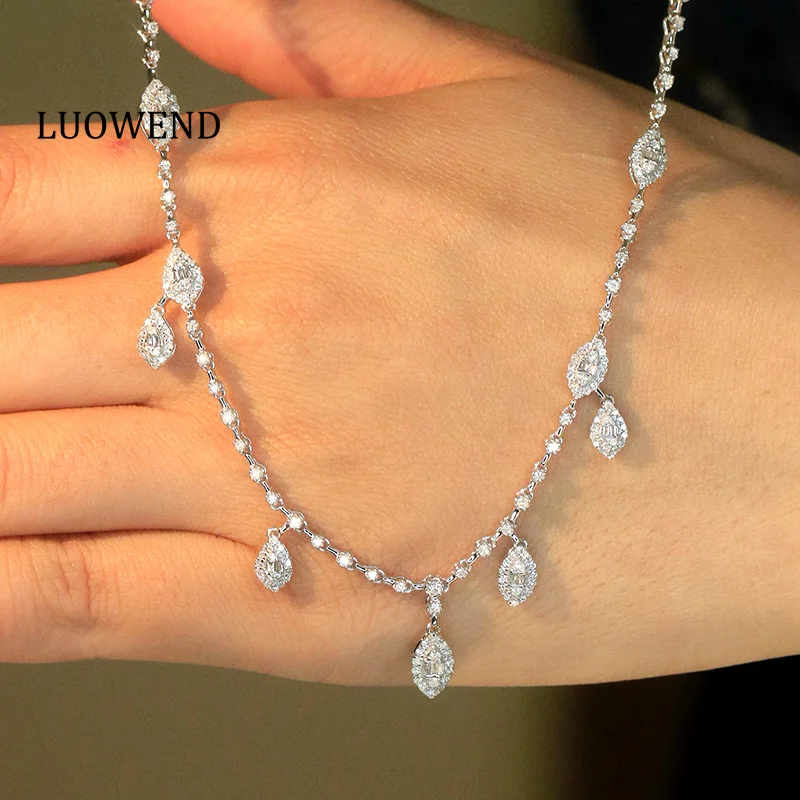 

LUOWEND 100% 18K White Gold Necklace Luxury Gentle Style 1.30carat Real Natural Diamond Necklace for Women High Wedding Jewelry