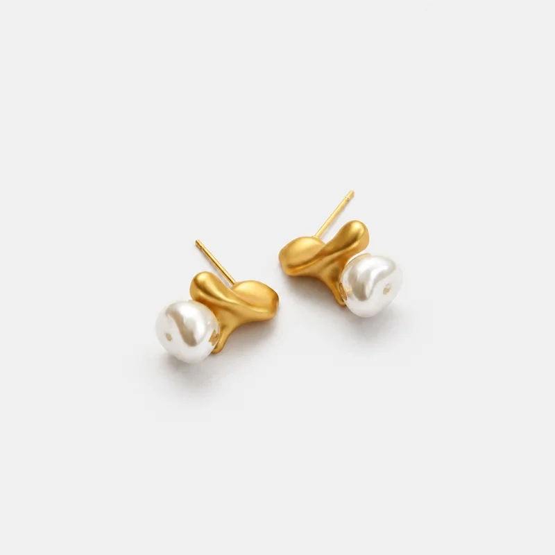 Vintage Abstract Irregular Matte Gold Stud Earrings Baroque Pearl 18K Real Gold Plated Unique Designer Luxury Statement Ear 4