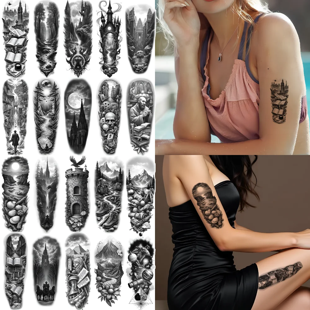 

12pcs Temporary Tattoo Skull Black And Grey Realism Spiral Forest Waterproof Long-lasting Body Stickers For Men Thighs Adults