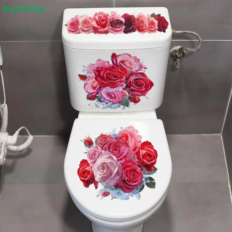 〔G〕Waterproof Pink Red Roses Bouquet Creative Decal Reusable PVC Sticker For Toilet Lid Bathroom Decor