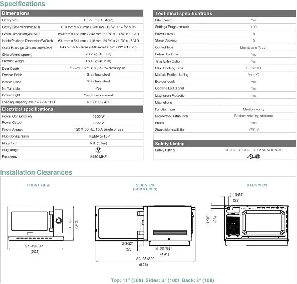 Microwave Oven NSF Certified Countertop 110V, 1000W, Capacity 1.3 Cuft Heavy duty for restaurant, 1034N1A