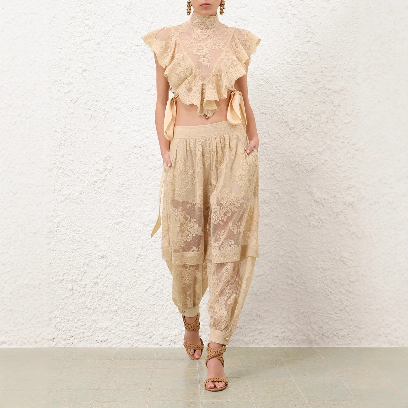 

Sexy See Through Lace Pants Sets Women Short High Neck Irregular Leace-up Sleeveless Tops Trousers Two Piece Set Streetwear New