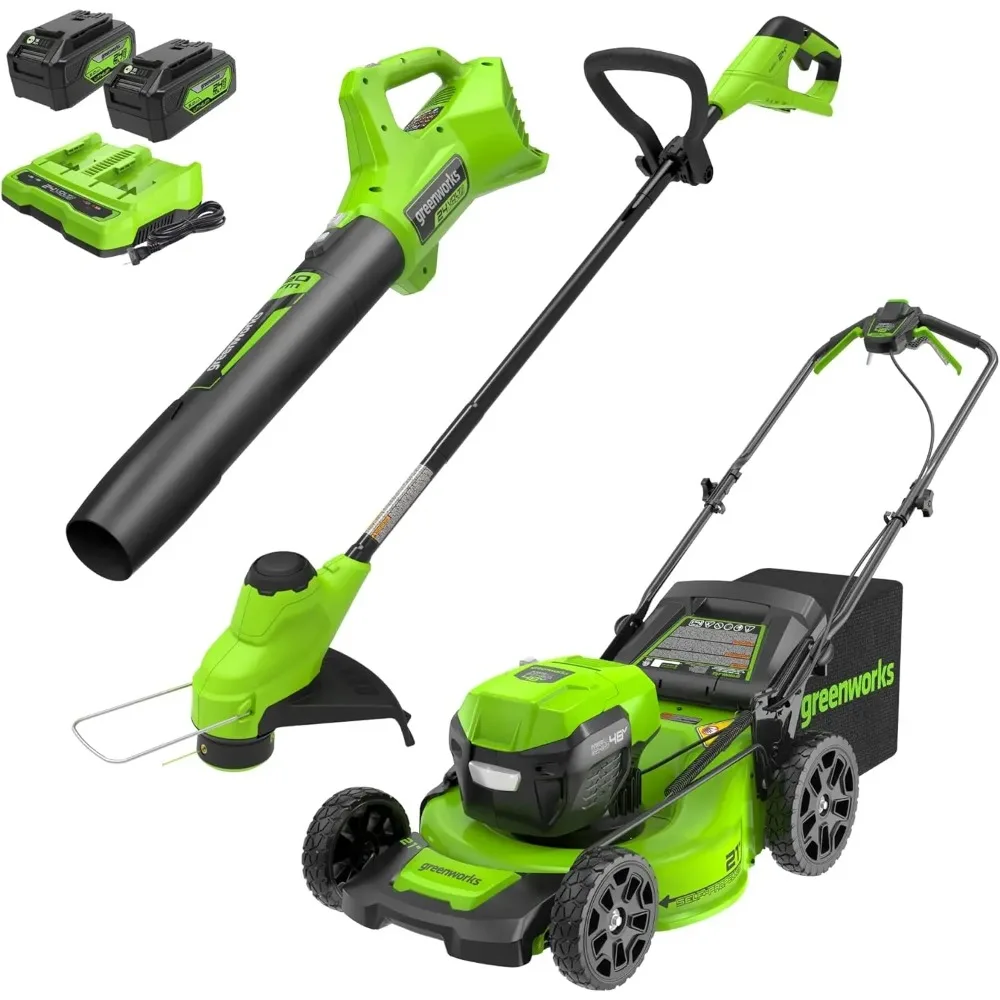 

2 x 24V 21" Cordless (Self-Propelled) Lawn Mower + Blower (320 CFM) + 12" String Trimmer, (2) 5.0Ah Ba