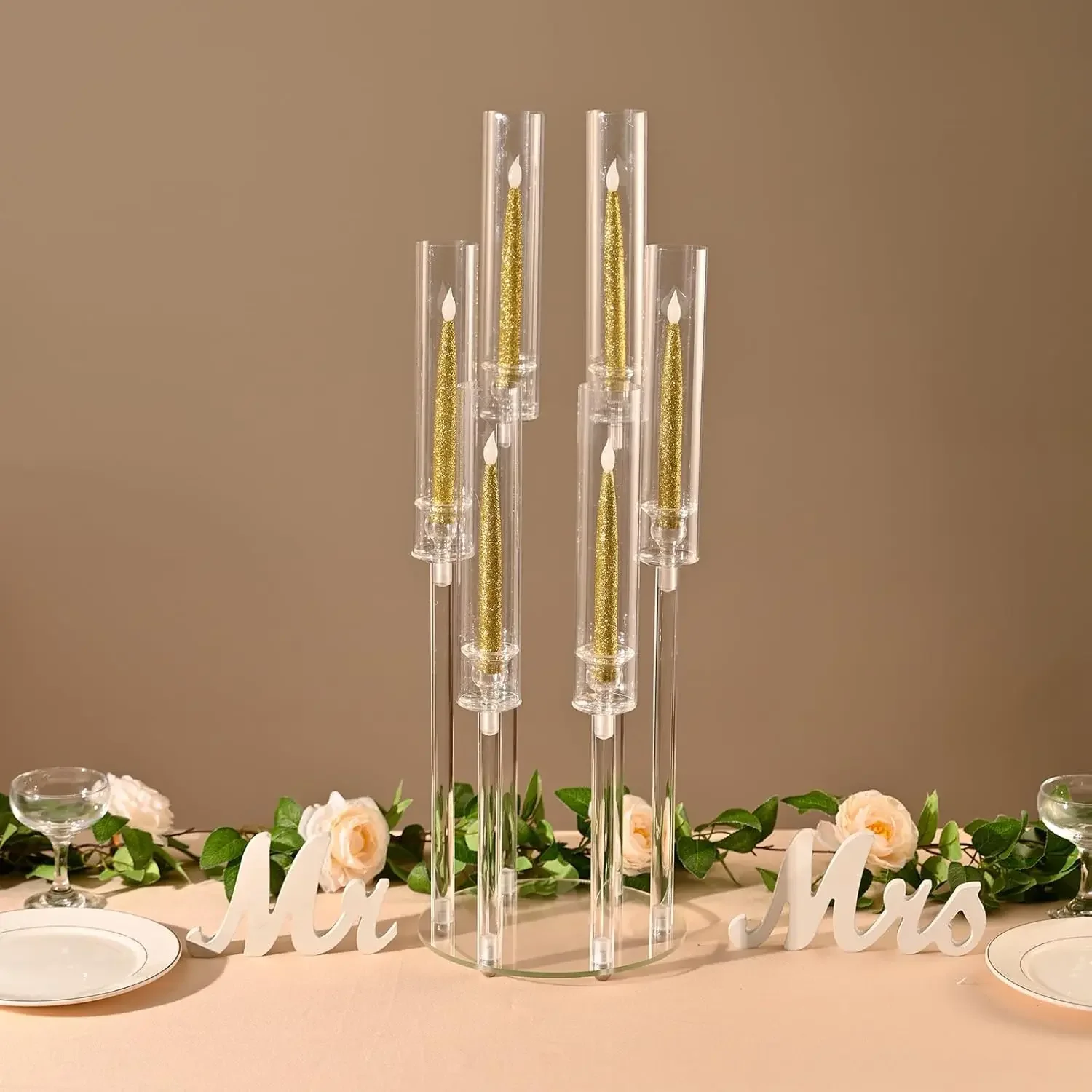 Acrylic 6 Arm Candelabra, Taper Candle Holders for Wedding, Party, Dining Table, Anniversary Decor Romantic Candelabra