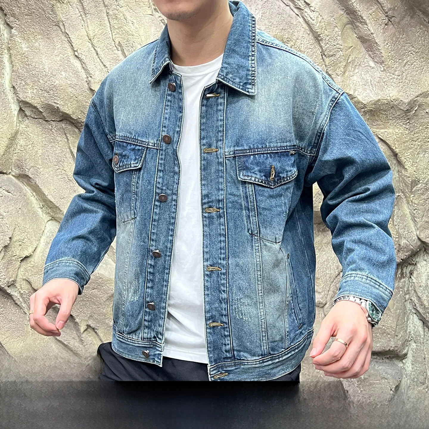 

American Casual Sle! Heavyweight Waed! Retro Aged! Autumn New Men's Collar Breathable Denim Jaet Stand Fit Long Sve