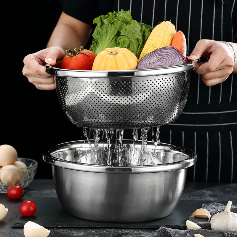 Stainless Steel Micro-porous Colander + Multi functional mixing basin + Lid, Thickened Large Capacity