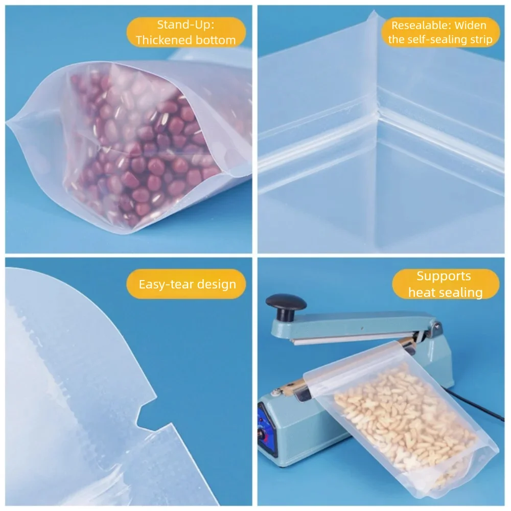 100 Stück matte, transparente Standbodenbeutel mit Reißverschluss – wiederverschließbare Beutel in Lebensmittelqualität mit Aufreißkerbe für Snacks, Tee, Trockenwaren & Geschenkverpackungen – Detail 4