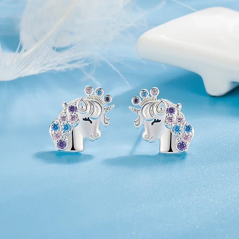 Xingyunday Cute Crown Unicorn Charms Stud Earrings for Kids Girls Colorful Zircon Ear Stud Child Silver Gold Color Jewelry Gifts