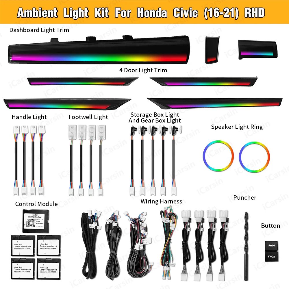 

Автомобильный окружающий свет с правым рулем для Honda Civic 10-го поколения 2016-2021, аксессуары для обновления внутреннего освещения RHD