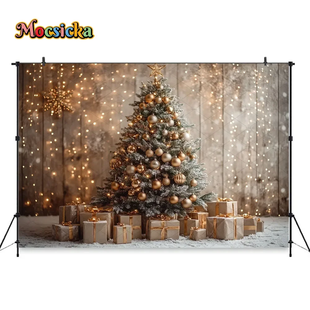 Gold Glitter Christmas Room Background Photography Xmas Tree Retro Brown Wall Gift Backdrop Winter Kid Family Party Photo Studio
