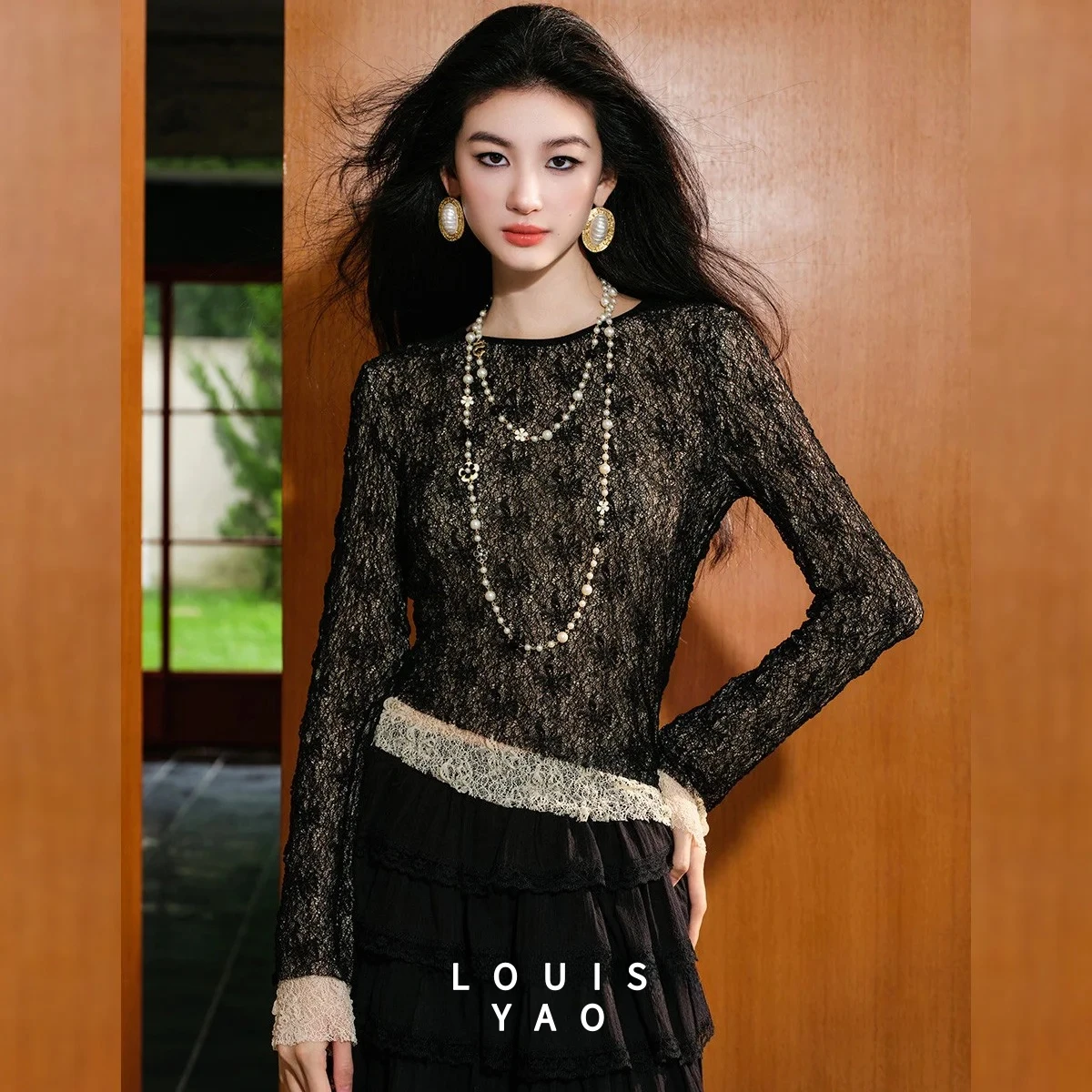 LOUISYAO Lace-up Bloemen vrouwen T-shirt 2025 Herfst Elegante Tops Ronde Hals Iets Rekbare Lange mouwen Tees nieuwe
