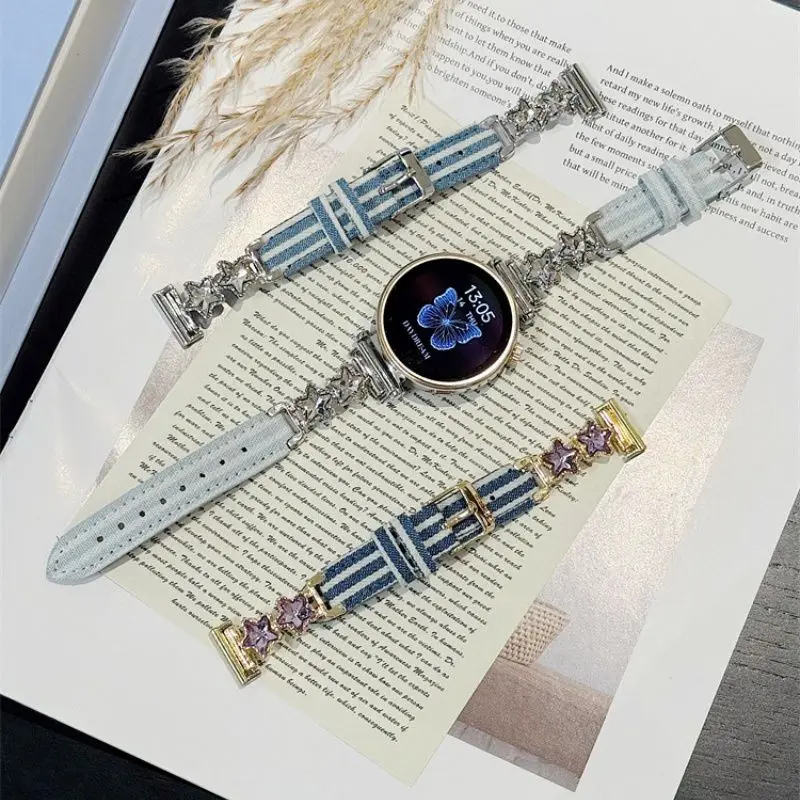 Huawei GT5/GT5 Pro/GT4/GT2/3/4 22mm/20mm/18mm 스트랩에 적합한 다이아몬드가 박힌 스타 스트라이프 데님 스트랩