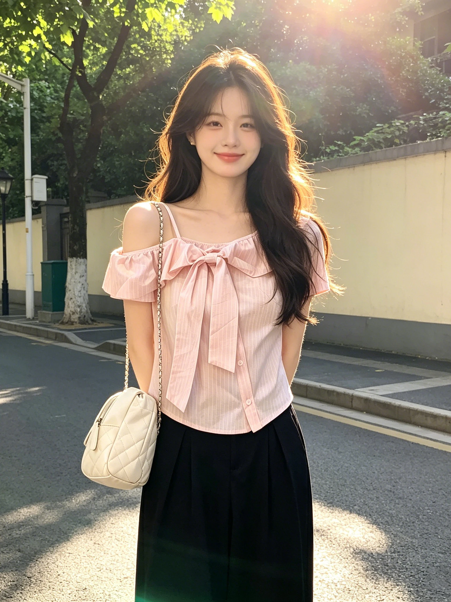 

Pink Striped Knot Shoulder Bared Short Sleeve Shirt Women's Sweet Design Unique Beautiful Top Breathable Polyester ...