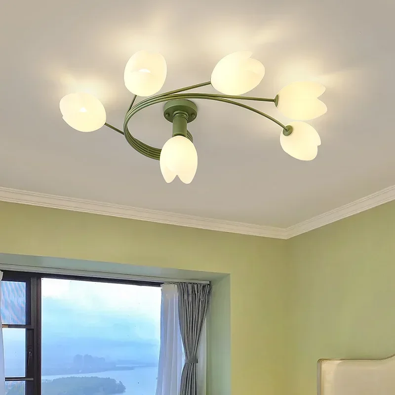 Cozy Bedroom Dining Room Study White Green Magnolia Bud Ceiling Light