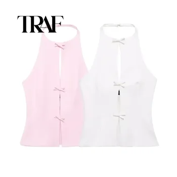 TRAF 여성용 다이아몬드 활 사이드 지퍼 백리스 탑, 빈티지 홀터 넥, 민소매 여성 시크 레이디 탑, TRAFSHE TRAF 공식 