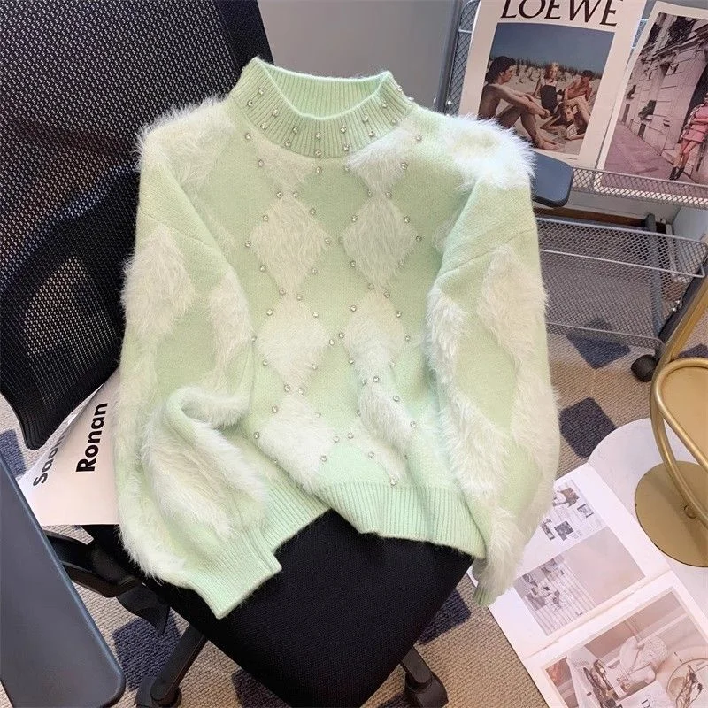 

2025 Mink Cashmere Sweater Women's Autumn Winter New Pullover Fashion Diamond-Encrusted Sweaters French Loose Long Sleeve Top