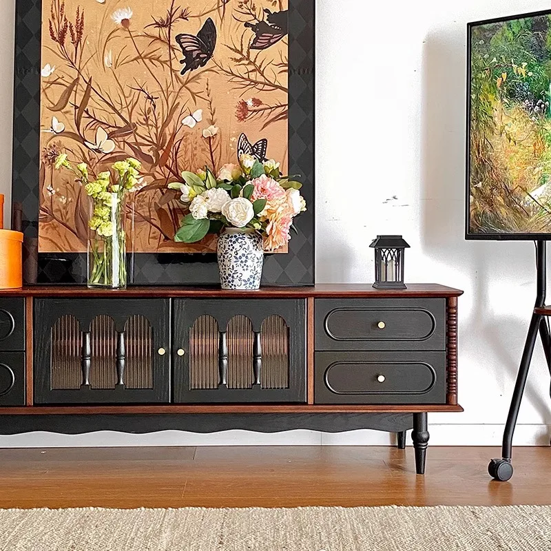 

French retro solid wood TV cabinet, American living room audio-visual cabinet, floor-to-ceiling storage cabinet, storage