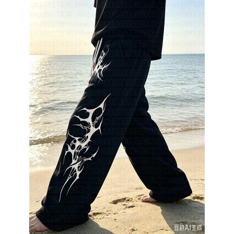Men Kid Gothic Vertical Graphic Wide Leg Sweatpants Drawstring Loose Straight Baggy Y2K Dark Punk Streetwear Pants.