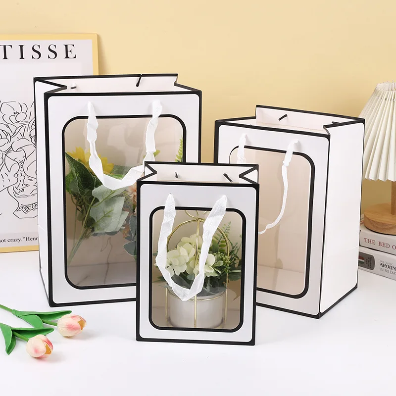 10PCS Transparent Window Gift Bags For Wedding Birthday Home Party White Black Packaging Box Baking Takeaway Bag