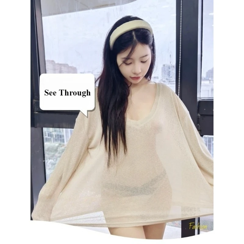 Sexy durchsichtige, lockere Bluse für Damen, Sommer, beige Tanktops, langärmelig, durchsichtiges, leichtes Strickhemd, modisch, lässig, Alltagskleidung
