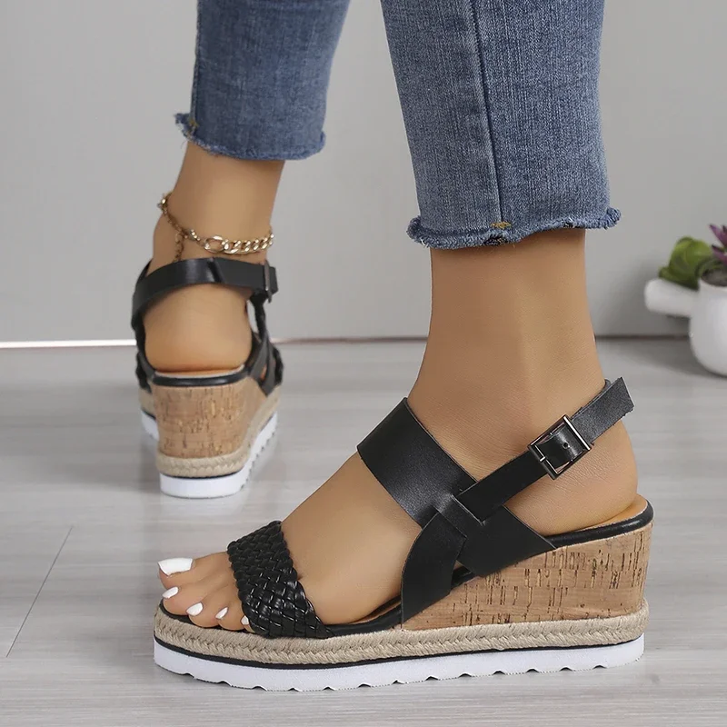 White Braided Wedge Sandals Women Summer 2025 Light Non Slip Beach Shoes Woman Fashion Buckle Strap Platform Sandalias De Mujer - Image 6