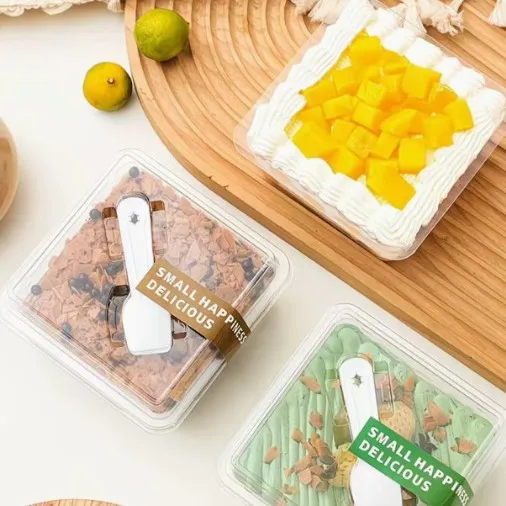 Mousse Thousand Layer Cake Dessert Boxes Baking Pastry Wrapping Case Transparent Disposable Packaging Box with Spoon 50pcs