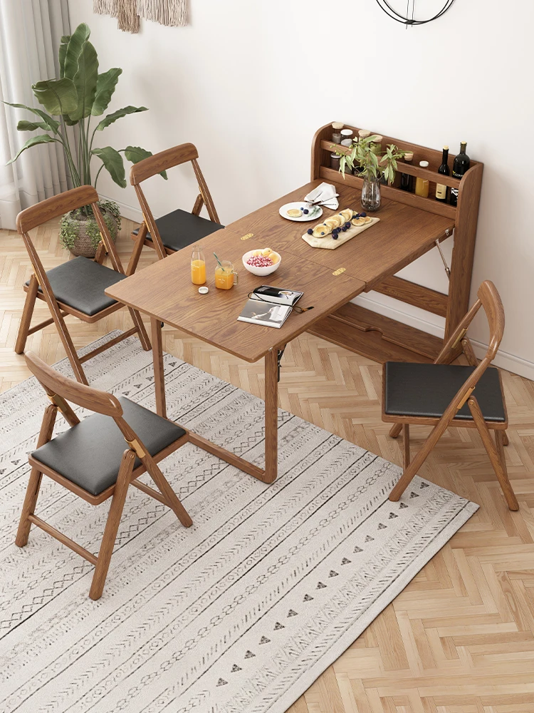 Nordic foldable solid wood table small family dining table storage side cabinet bar table telescopic dining table chair table