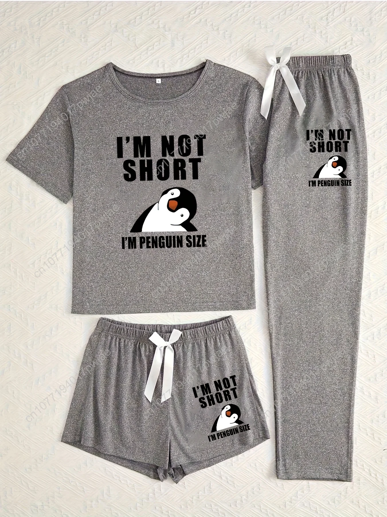 

[Women's 3pcs Pajama Set] Women's 3pcs Pajama Set - Cute Penguin Print Sleepwear with Pajama Top Pants, Short Sleeve Long Le