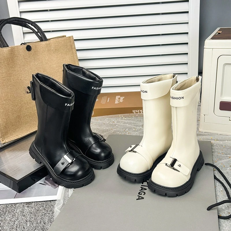 

Кожаные ботинки на теплой подкладке для маленьких девочек с ремешком с пряжкой, новинка 202, зимние детские ботинки до середины икры на платформе, нескользящие шикарные вечерние ботинки