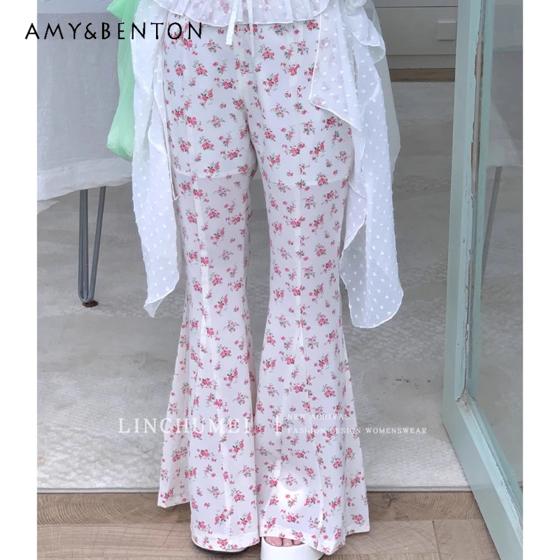 

Summer Korean Style Thin High-Waisted Slimming Women's Pants New Design Sweet Cute Chiffon Casual Floral Flared Pants Ladies