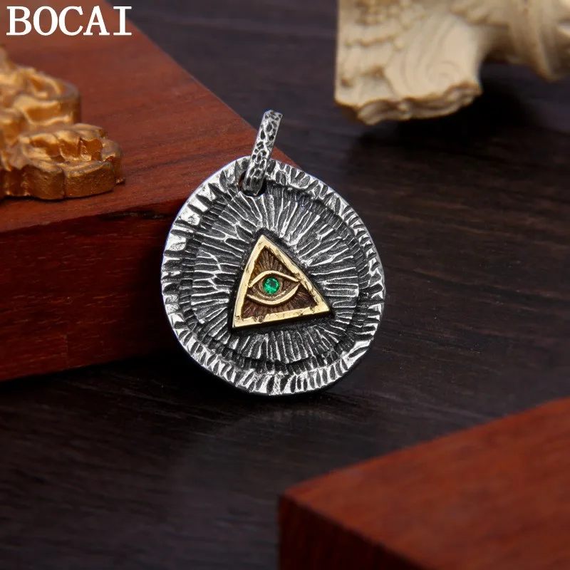 BOCAI S925 Silver Retro Personality Irregular Stone Texture Pyramid God's Eye Round Pendant Selected Gifts For Men And Women