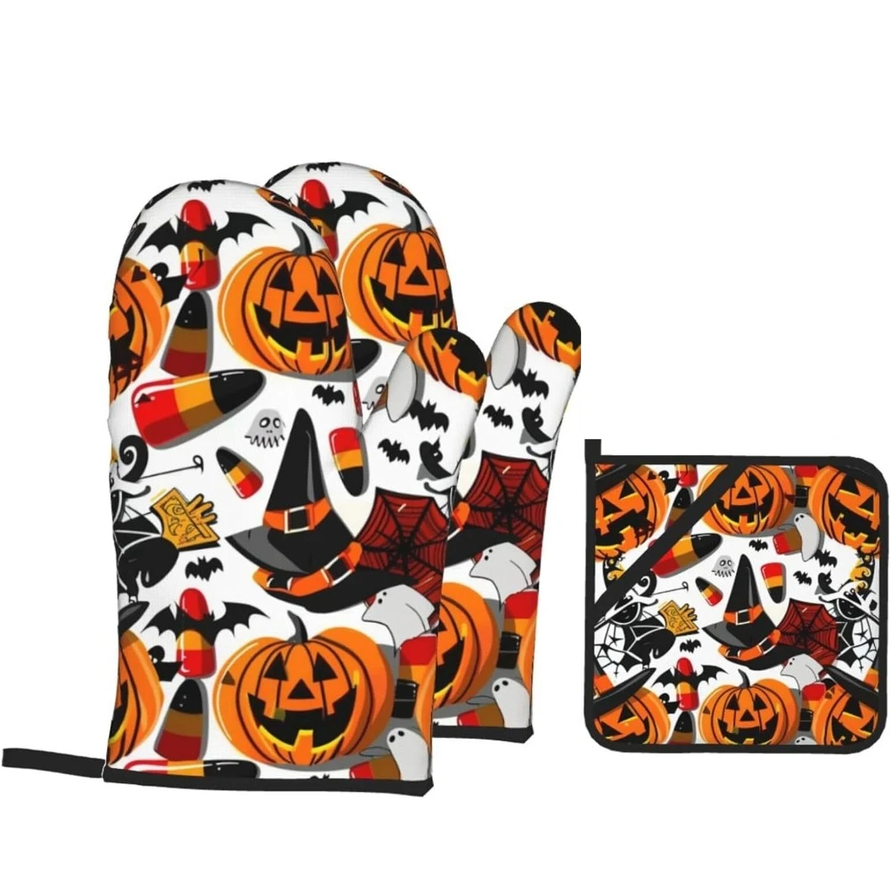 

4 Pcs Oven Mitts and Pot Holders Sets, Halloween Pumpkin Bat (5) Kitchen Heat Resistant Oven Gloves and Potholders