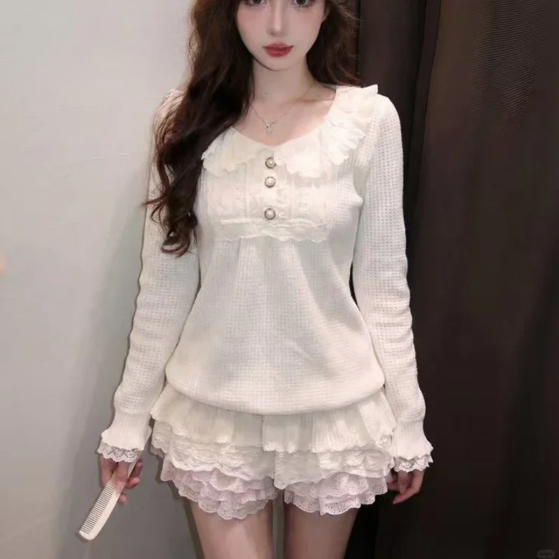 IMU Autumn Winter Japanese Sweet Lolita 2 Piece Set Women Ruffle Peter Pan Collar Knitted Sweater Cake Mini Skirt Elegant Y2k Ou