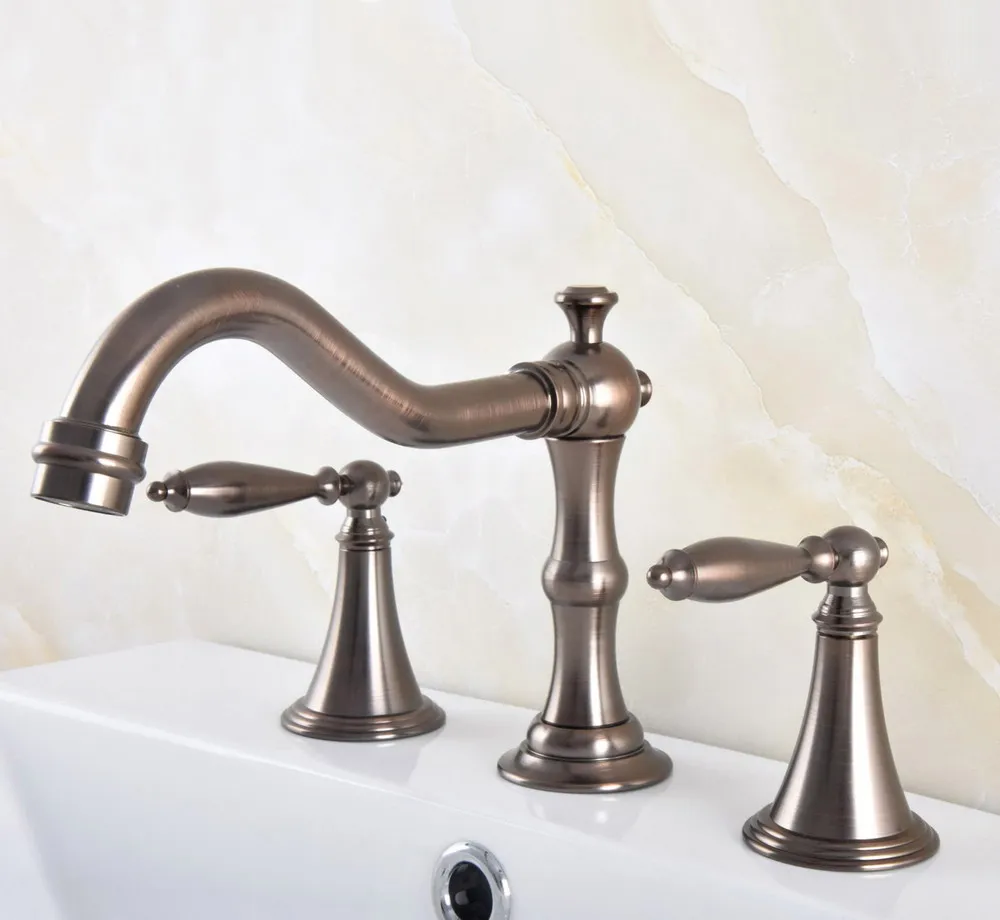 Brown Oil Rubbed Bronze Deck Mounted Dual Handles Widespread Bathroom 3 Holes Basin Faucet Mixer Water Taps mnf587