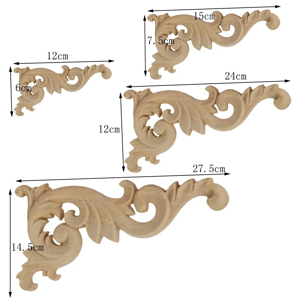 4PCS 12/15/24cm Woodcarving Decal Corner Applique Frame Door Decorate Wall Door Furniture Decorative Figurines Wooden Miniatures