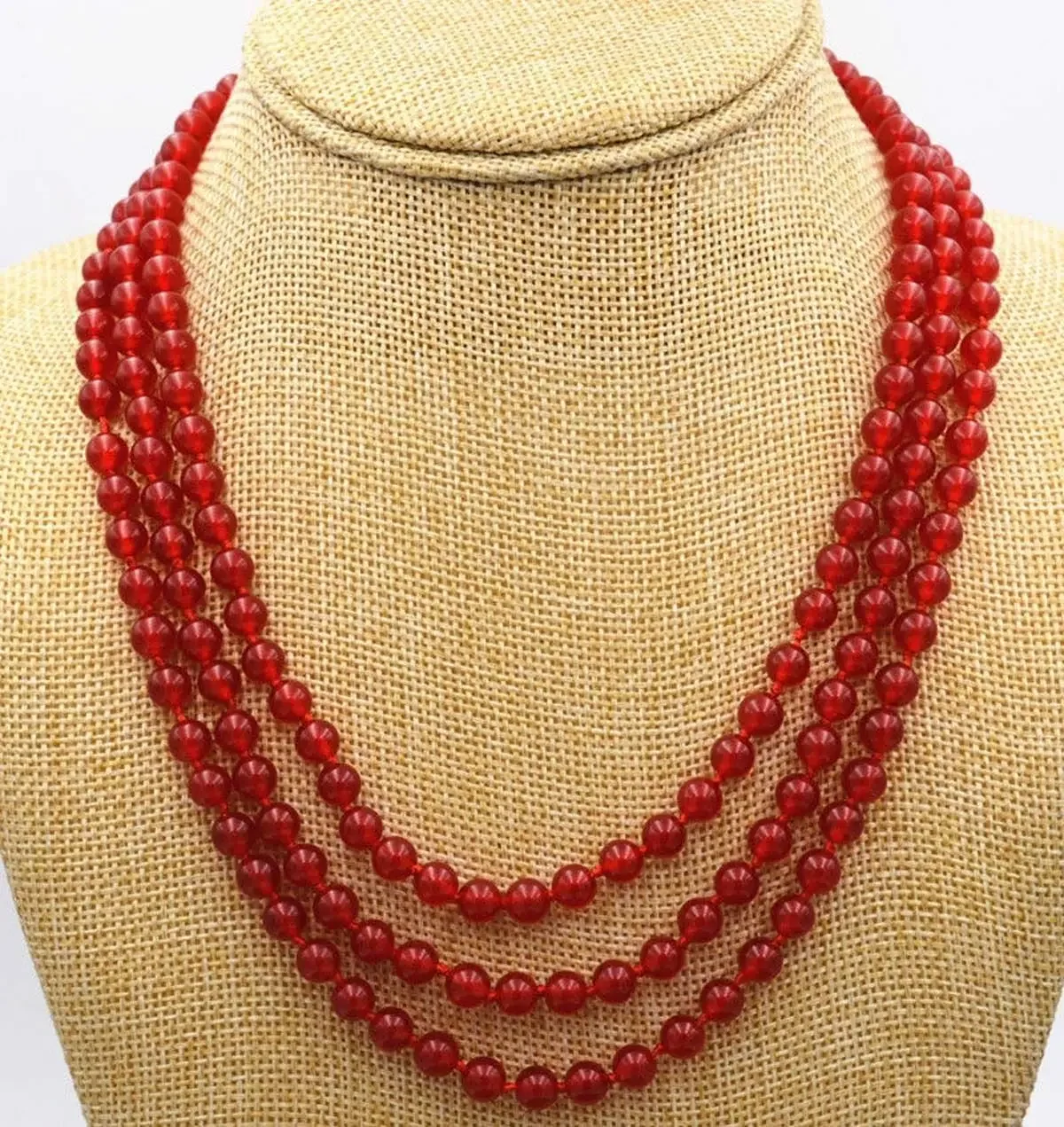 

Beautiful 3 Rows 6mm Red Ruby Round Beads Necklace 17-19''