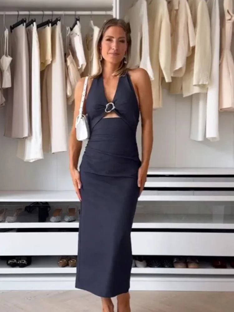 HH 2025 verano mujer moda espalda descubierta dobladillo dividido espalda vestido con cremallera mujeres sin mangas diseño abierto cuello Halter vestido Midi