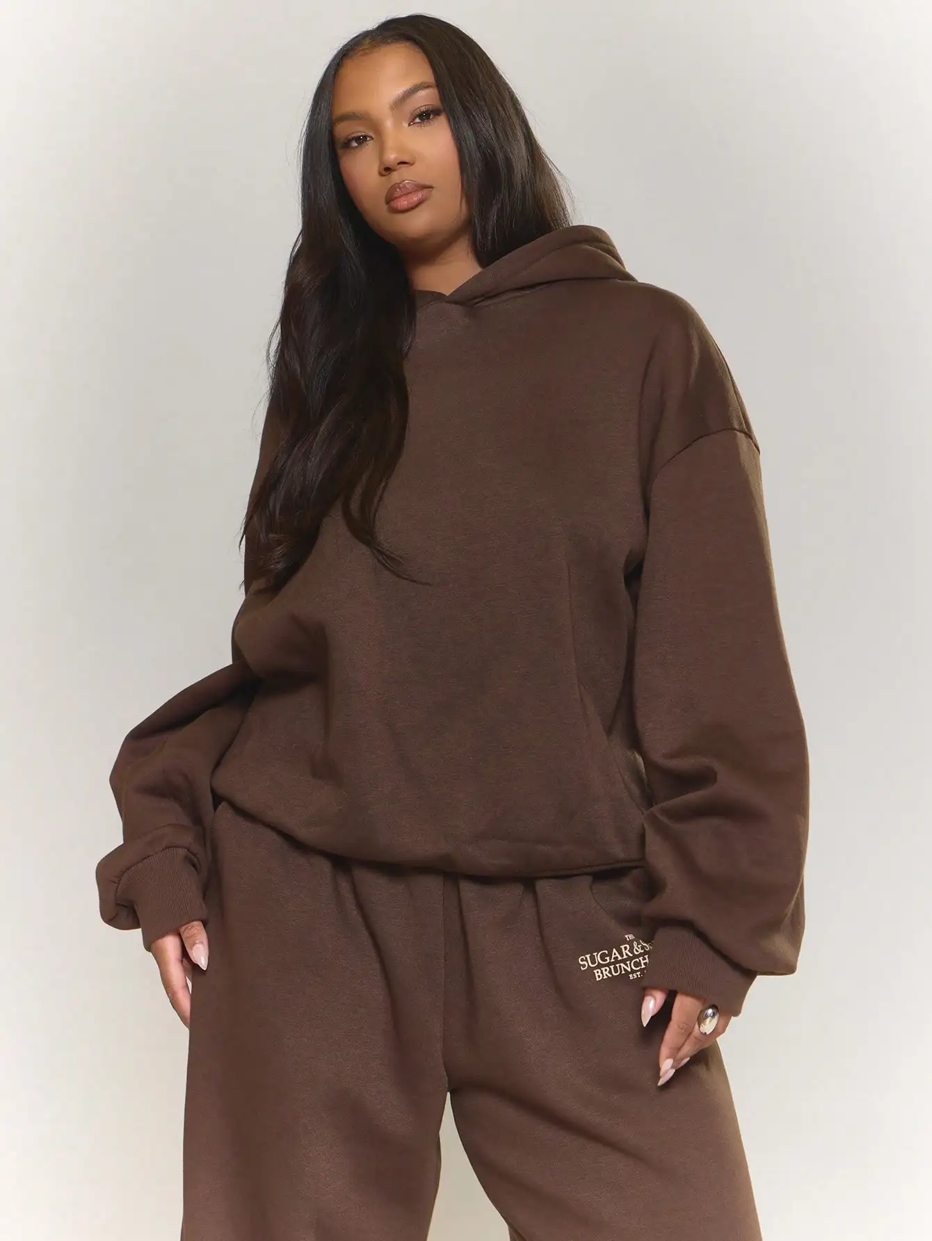 

Plus Size Brown Hoodie with Loose Fit and Front Pocket for Casual Fall Winter Wear