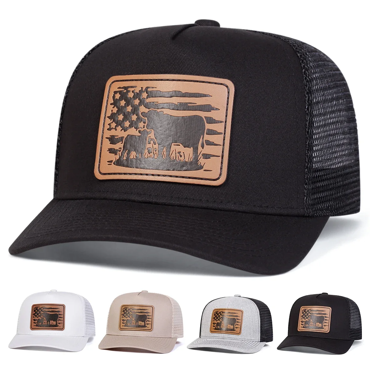 

Unisex American Flag Cow Leather Label Baseball Net Caps Outdoor Adjustable Spring and Summer Casual Sunscreen Hat