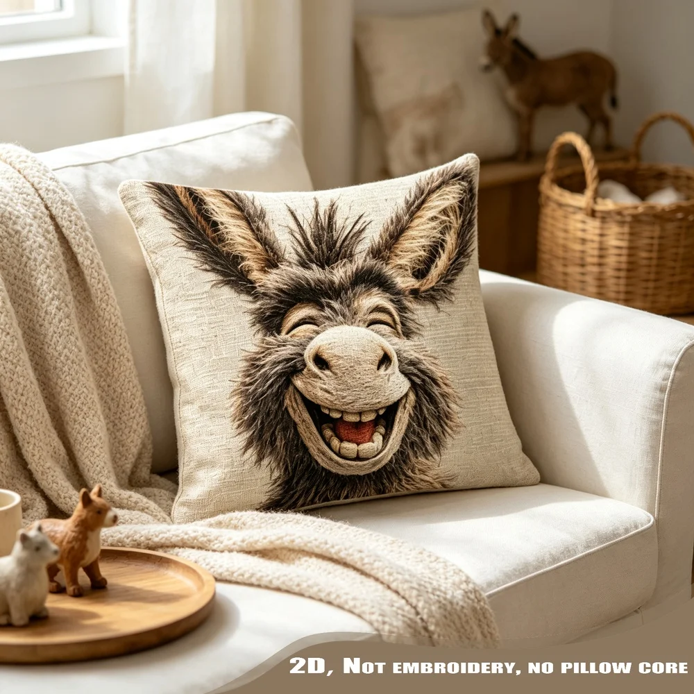 1PC Smiling Donkey Animal Print Pillow CoverPolyester Cushion Case for Sofa Couch Living Room Bedroom Home Decor