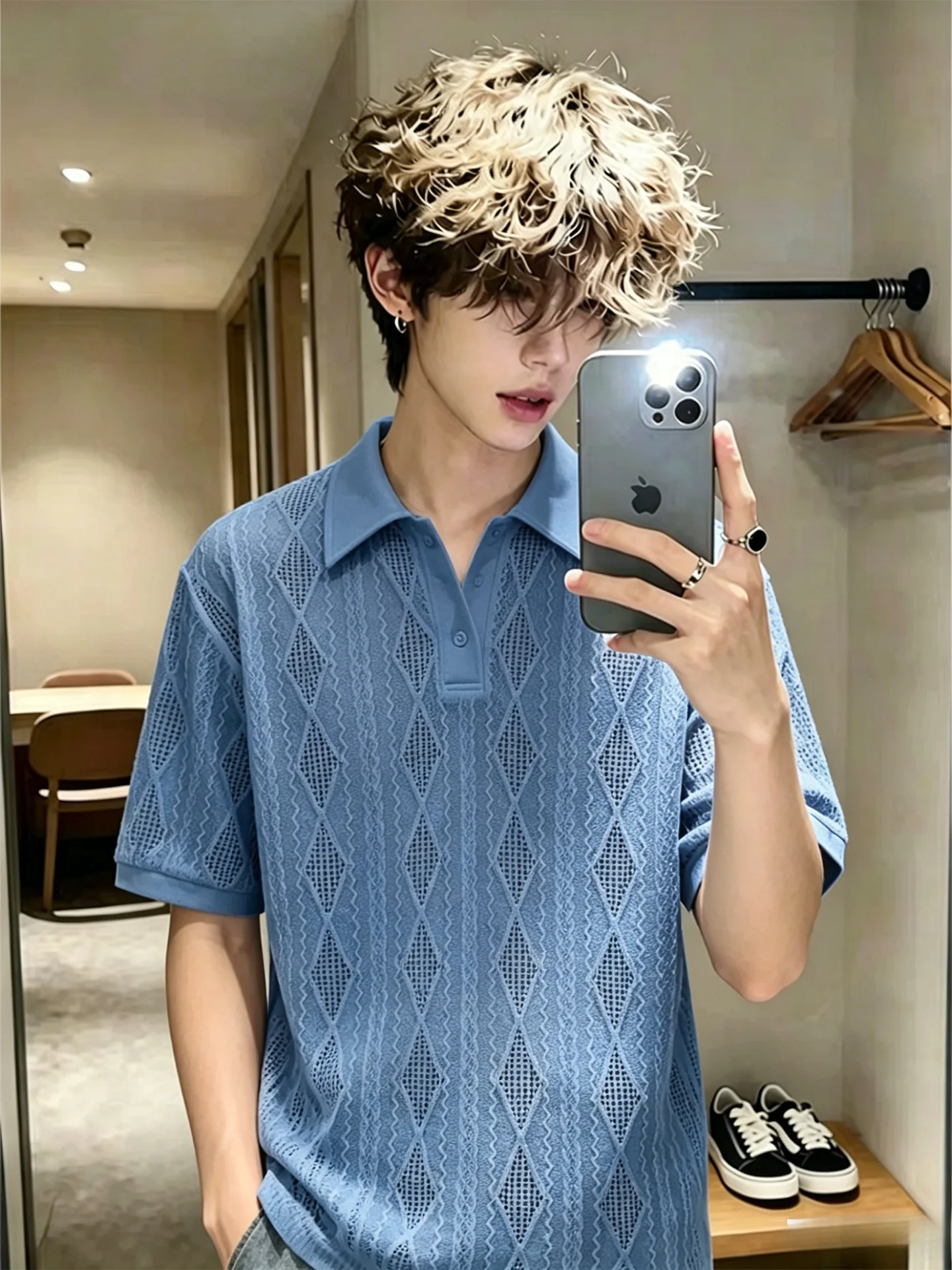 Men's Knitted Hollow  Shirt Short Sleeve Summer Cleanfit Old Money Style Texture Sensation Shoulder T-Shirt Breathable So...