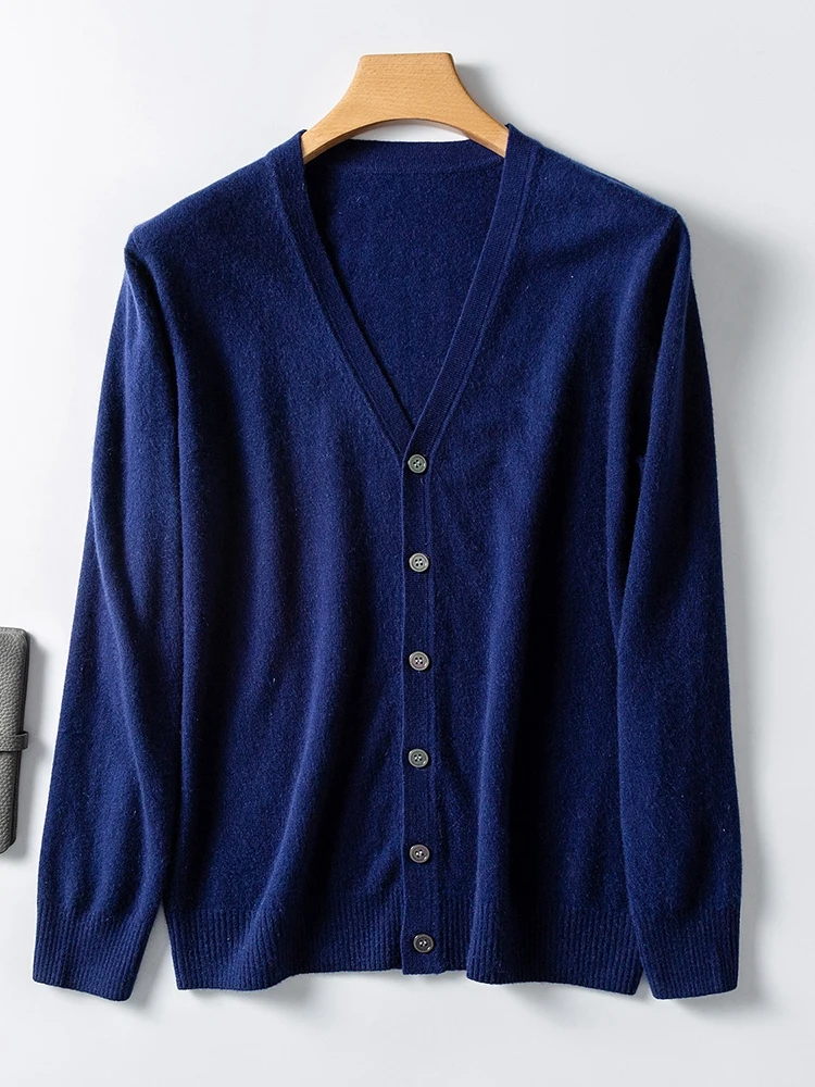 Men's 100% Cashmere Cardigan Autumn Winter Classics V-neck Sweater Long Sleeve Knitwear Casual Solid Male Cashmere Shirt Tops