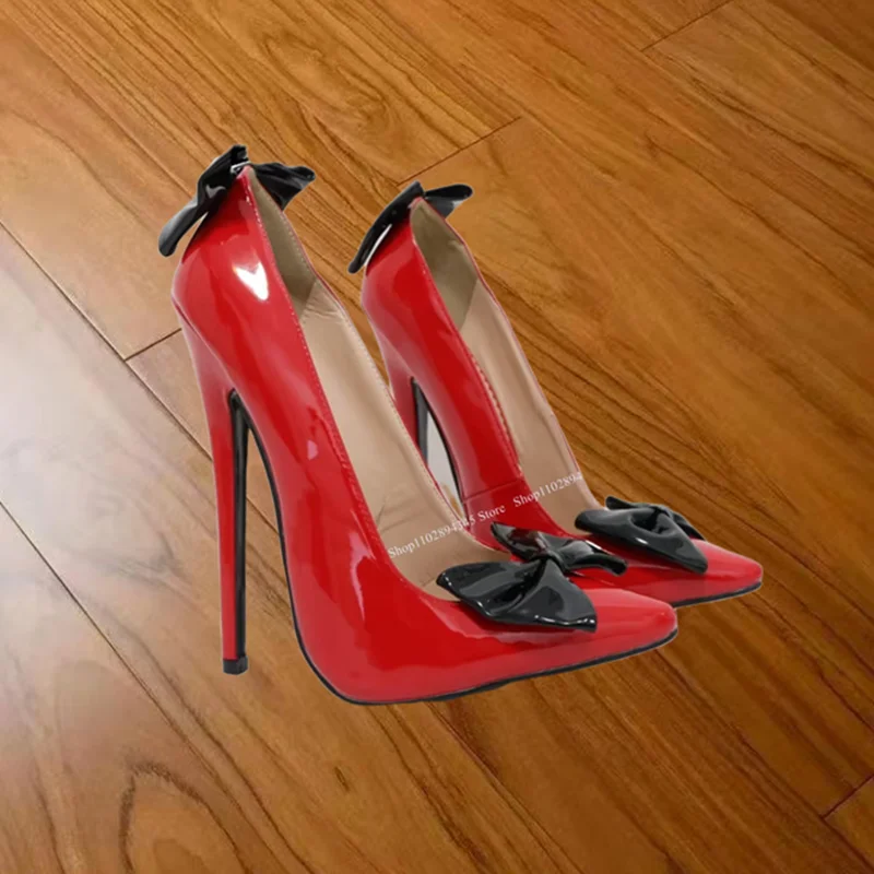 Laço vermelho nó deslizamento em bombas de couro patente fino salto alto moda sexy rasa verão tamanho grande mulher sapatos zapatillas mujer