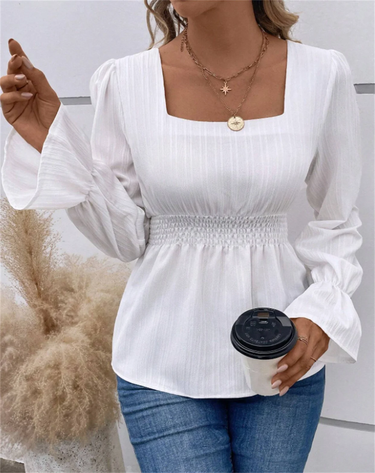 Shirred Square Neck Cinched Waist Blouse  Casual Long Sleeve Top For Spring  Fall  Women\'s Clothing