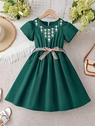 Flower embroidery embroidery dress elegant lace belt dress for summer girls