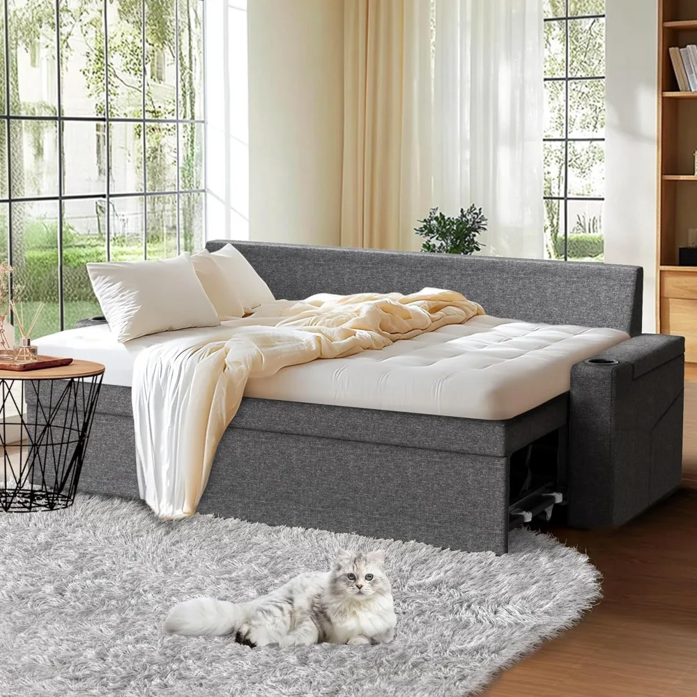 

78" Sleeper Sofa with Armrest Storage,L-Shaped Couch with Supportive Ergonomic Cushions,Cup Holders,Side Pockets,Pull Out Sleep